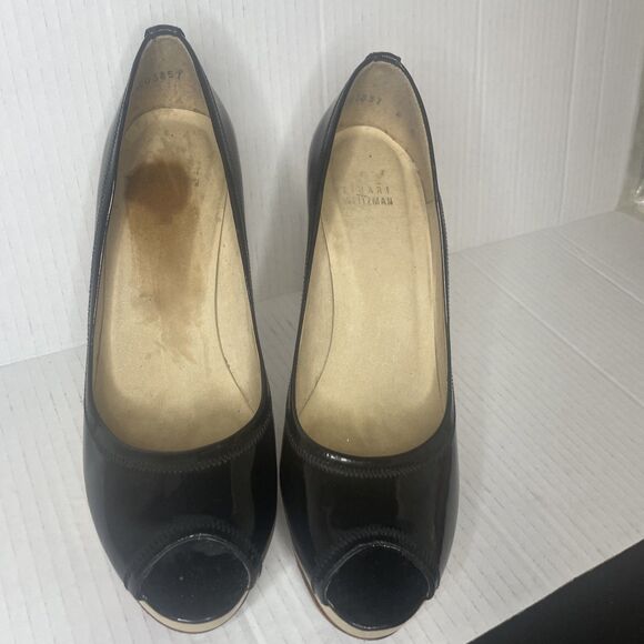 Stuart Weitzman Pump Black 8 Avignon Patent Leather Peep Toe Wood Platform Logo - Picture 2 of 14